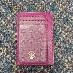 Tory Burch Magenta Leather Card Holder with Logo